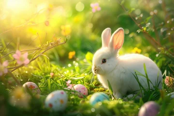 Rolgordijnen A happy white rabbit is resting among colorful Easter eggs in a beautiful natural landscape filled with lush green grass, flowers, and groundcover AIG42E © Summit Art Creations