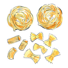Pasta painted watercolor on a white background. Colorful sketch of food. Italian food.  - 779964842