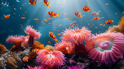 Fototapeta na wymiar Underwater Serenity: Anemone and Clownfish Habitat