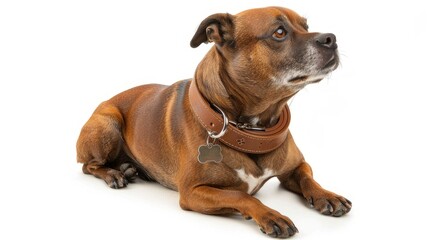 Obraz premium Stylish pet accessory: Brown leather dog collar with tag, an essential blend of fashion and function for your beloved canine
