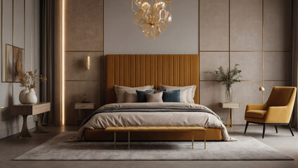 Luxurious bedroom in light beige with an ochre bed. Vertical mockup for art adds modernity, while accent color and lamp enhance the ambiance. Ochre Elegance