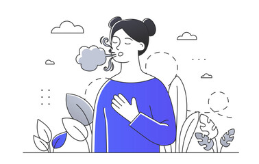 Relaxed breathing woman linear. Youung girl with exercies. Meditation and yoga. Inner calmness and peace. Mental health and wellbeing. Doodle flat vector illustration isolated on white background