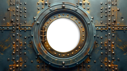 Vintage Aged Brass Ship Porthole Mounted on a Rusty Iron Hull with a Transparent Background. Transparent PNG. Generative AI. - 779965493