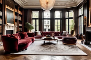 Luxurious living room interior design, featuring a grand chandelier suspended from a high ceiling, plush velvet sofas in rich burgundy arranged around an elegant coffee table
