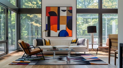 A modernist painting featuring bold shapes and colors, making a statement in a contemporary loft.