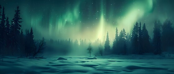 Ethereal Aurora Over Serene Lapland Forest. Concept Nature Photography, Northern Lights, Winter Wonderland - obrazy, fototapety, plakaty
