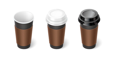 Hot coffee cups with sleeves 3d realistic vector illustration set. Disposal mugs with plastic lids design. Take away drinks on white background