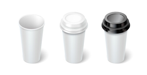 Disposal cups with copy space 3d realistic vector illustration set. Hot drinks mugs design template. Take away service on white background