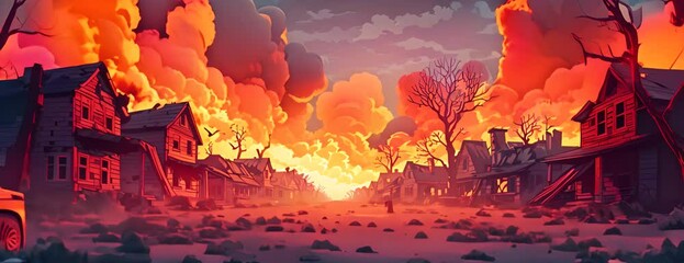 A street with houses in a ruined city on fire after a military disaster and explosions. vector simple illustration 4K Video