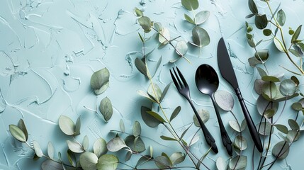Stylish table setting with cutlery and eucalyptus leaves, creating an aesthetic dining ambiance. Top view.