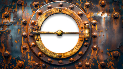Vintage Aged Brass Ship Porthole Mounted on a Rusty Iron Hull with a Transparent Background. Transparent PNG. Generative AI.