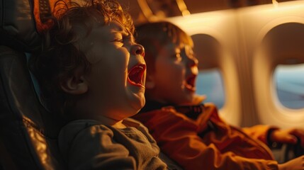 Two young boys visibly upset and crying during a sunset airplane flight.
