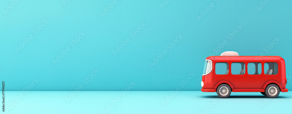 Poster a red cartoon bus on a blue background with ample copy space on the left.