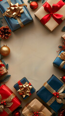A festive holiday background with presents and copy space for various uses