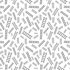 Hand drawn ladders floating and rotating at different angles against white backdrop. Elegant monochrome minimal surface art arranged in seamless pattern.