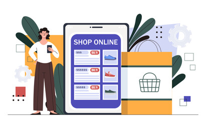 Shop online woman concept. Electronic shopping and commerce. Fashon clothes and apparel. Digital payment, transfers and home delivery. Cartoon flat vector illustration isolated on white background - obrazy, fototapety, plakaty