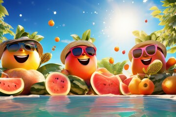 Anthropomorphic fruits lounging poolside with signs of summer arrival