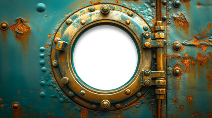Vintage Aged Brass Ship Porthole Mounted on a Rusty Iron Hull with a Transparent Background. Transparent PNG. Generative AI. - 779966478