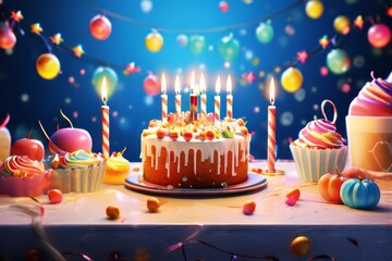 A festive birthday cake sitting in the center of a mellow party atmosphere, candles aglow with a warm light casting dancing shadows on its pristinely frosted surface