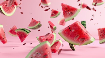Fruity splash: Fresh watermelon slices cascade down on pink background, capturing the juicy essence of summer sweetness