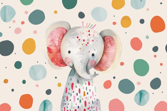 An illustration of a cute elephant on a polka dot background. Watercolor design on a festive theme for children's decor and print. The concept of an art poster with space to copy