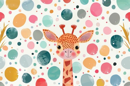 Illustration of a smiling giraffe on a colorful polka dot background. Watercolor design, suitable for children's room decor and print. The concept of a poster with a cheerful giraffe and a copy space