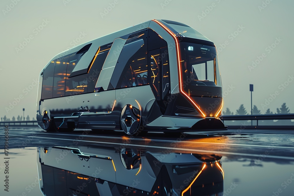 Aufkleber futuristic autonomous bus with sleek design and led lights reflecting on a wet surface at twilight.