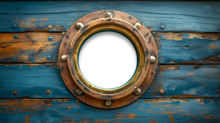 Vintage Aged Brass Ship Porthole Mounted on a Wooden Hull with a Transparent Background. Transparent PNG. Generative AI. - 779966862