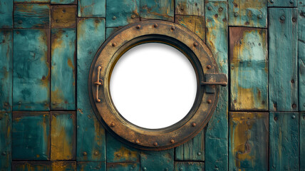 Vintage Aged Brass Ship Porthole Mounted on a Wooden Hull with a Transparent Background. Transparent PNG. Generative AI. - 779966895