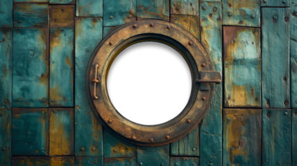 Vintage Aged Brass Ship Porthole Mounted on a Wooden Hull with a Transparent Background. Transparent PNG. Generative AI.