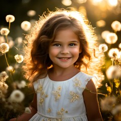 Child in white dress smiling amidst a sea of dandelions, sun backlighting her hair, soft-focus background, vibrant greens and yellows, dandelion seeds catching the light