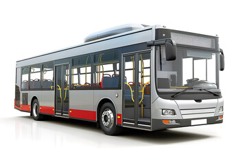 Modern city bus parked with open doors on a white background, showcasing public transportation.