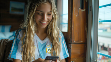 Argentinian blond girl looking at her smartphone at home wearing a Argentina soccer t-shirt - obrazy, fototapety, plakaty