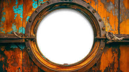 Vintage Aged Brass Ship Porthole Mounted on a Wooden Hull with a Transparent Background. Transparent PNG.