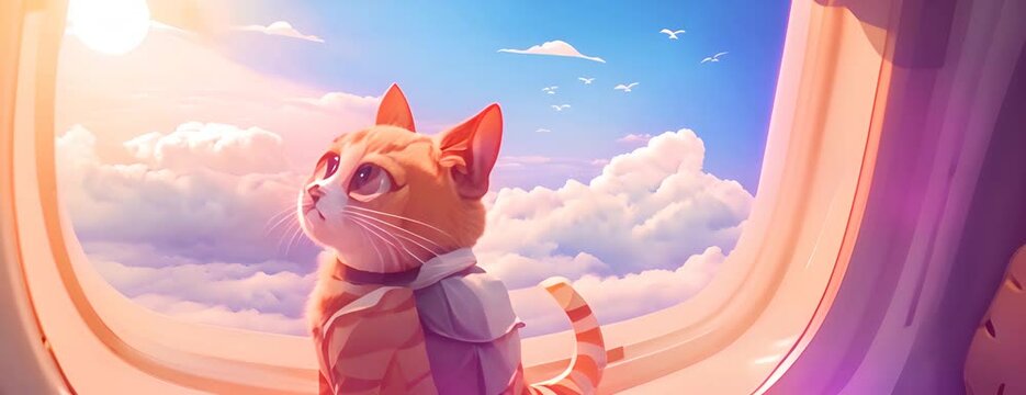 A frightened cat in a carrying bag flies on board an airplane and looks out the window at the clouds. vector simple illustration 4K Video