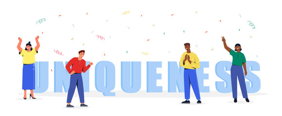 People with uniqueness concept. Men and women near colorful confetti. Guys and girls celebrating success. Awareness and mindfulness. Cartoon flat vector illustration isolated on white background