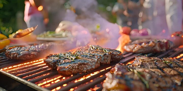 Barbecue party with people in the background, grilled steak, grilled meat, fire, summer party, barbecue in the garden, people having fun, family and friends, bbq 4K Video