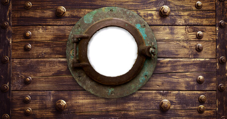Vintage Aged Brass Ship Porthole Mounted on a Wooden Hull with a Transparent Background. Transparent PNG. Generative AI. - 779967864