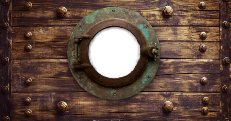 Vintage Aged Brass Ship Porthole Mounted on a Wooden Hull with a Transparent Background. Transparent PNG. Generative AI.