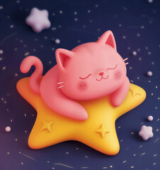 Dreamscape Cat: 3D Illustration of White Cat Sleeping on Stars