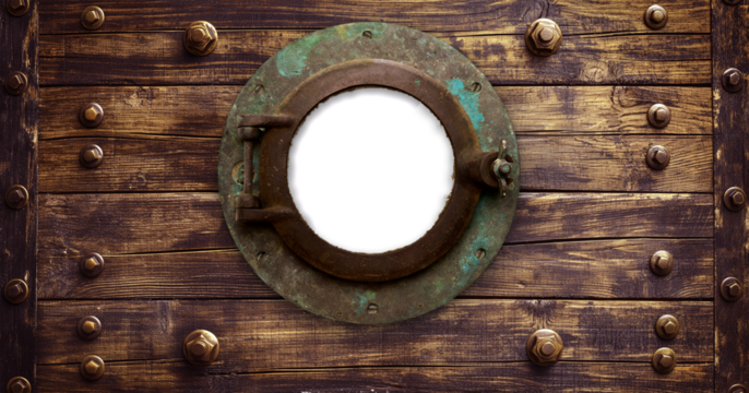 Vintage Aged Brass Ship Porthole Mounted on a Wooden Hull with a Transparent Background. Transparent PNG. Generative AI.