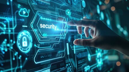 Hand touching the concept of cyber security with a futuristic background, digital technology and network connections, virtual screens showcase abstract data.