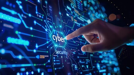 Hand touching the concept of cyber security with a futuristic background, digital technology and network connections, virtual screens showcase abstract data.