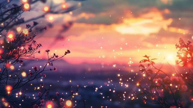 a magical scene with a border of sparkling fairy lights against a dreamy pastel sunset backdrop.
