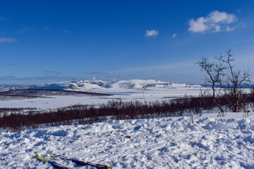 Aerial sunny winter view of Kiruna and Kirunavaara, Lapland, Norrbotten County, Sweden,