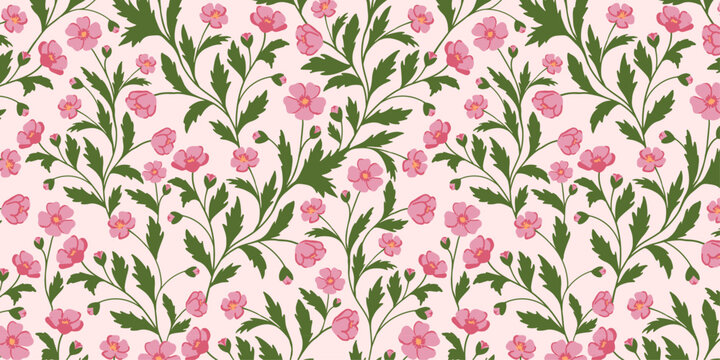 Seamless background with pink buttercup flowers and green leaf, stylish vintage pattern for wallpaper, textile, wedding invitation