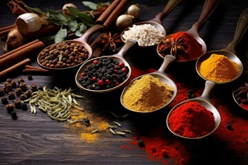 Aromatic Spices colorful top view bowl. Nature spicy aroma herb ingredient. Generate Ai