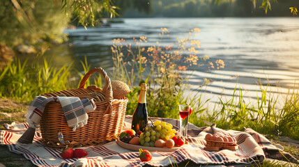 Wicker basket with tasty food and drink for romantic picnic near river