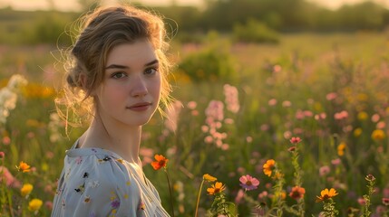 Naklejka na ściany i meble A field of wildflowers bursts with color behind the subject, creating a picturesque backdrop for the portrait.