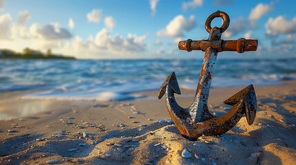 Fototapeta premium An ornate anchor half-buried in the beach sand, hinting at hidden stories of the sea.